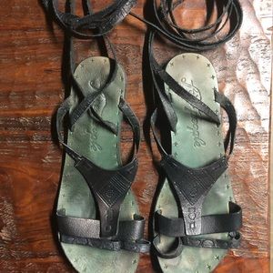 FreePeople Black Wood + Leather Tie Sandals